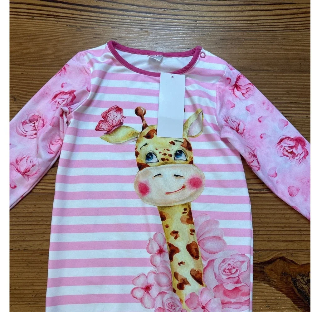 Penelope Plumm Romper Kids Pink Giraffe Floral Ruffle Bell Bottom SIZE‎ 2T NWT